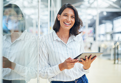 Buy stock photo Office, tablet and businesswoman in portrait for article, local updates and breaking news on publication. Journalism, female person or journalist with digital for editing, research and online source