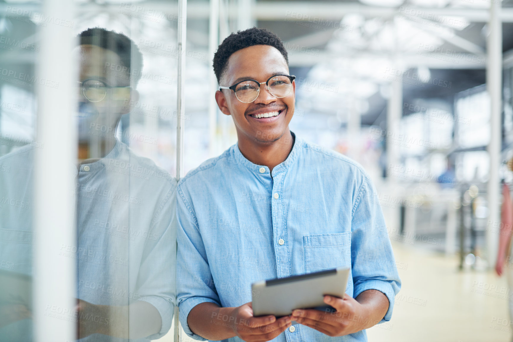 Buy stock photo Black man, tablet and online in office portrait, research news and professional planning on app. Male person, communication and journalist on website for reading column, networking and contact client