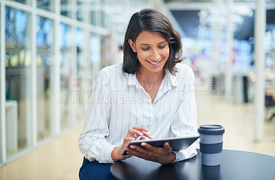 Buy stock photo Woman, tablet and online email in office, research news and professional planning on app. Female person, communication and journalist on website for reading column, networking and contact client