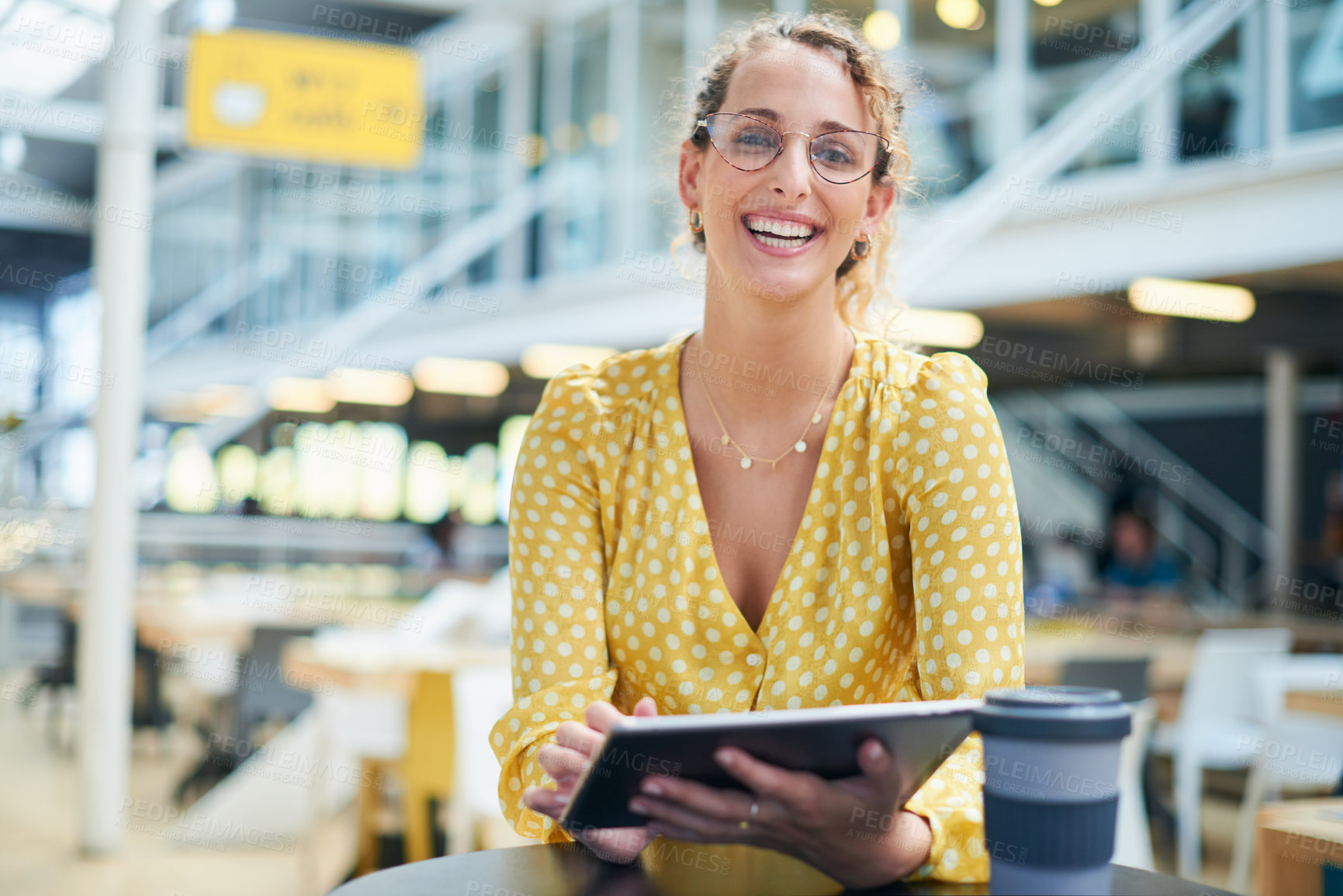 Buy stock photo Woman, tablet and coffee break in office, portrait and professional on social media app for news. Female person, communication and employee on website for reading message, typing and tea for peace