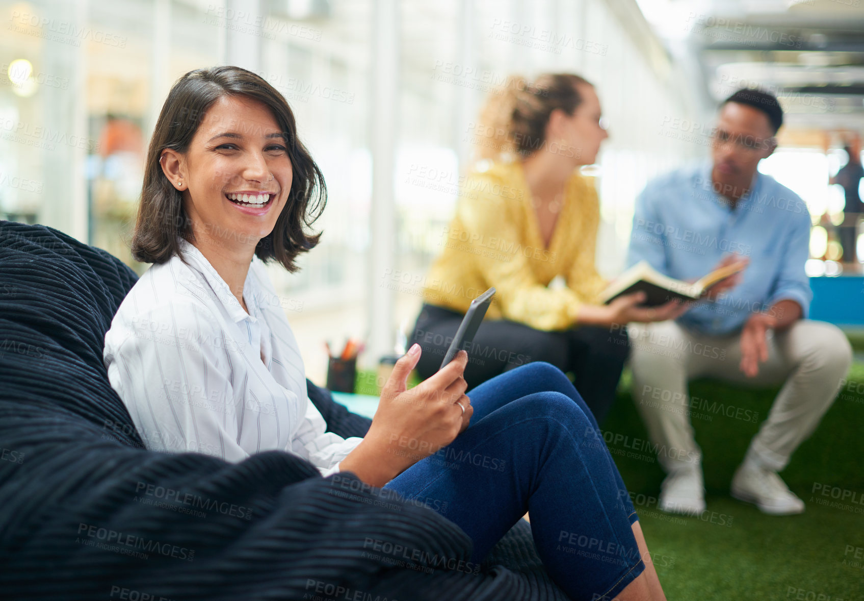 Buy stock photo Business woman, phone and portrait in office for creative agency, communication and relaxed workspace. Ui designer, smartphone and mobile app in workplace for tech company, media and website update