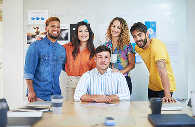 Buy stock photo Happy, portrait and business people in office excited for startup, collaboration and partnership. Face, team and workforce with diversity in unity, confident and smiling with solidarity and support