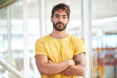 Buy stock photo Portrait, creative and business man with arms crossed at startup for career or job opportunity in Ireland. Pride, face or confident entrepreneur, employee or editor with work experience in enterprise