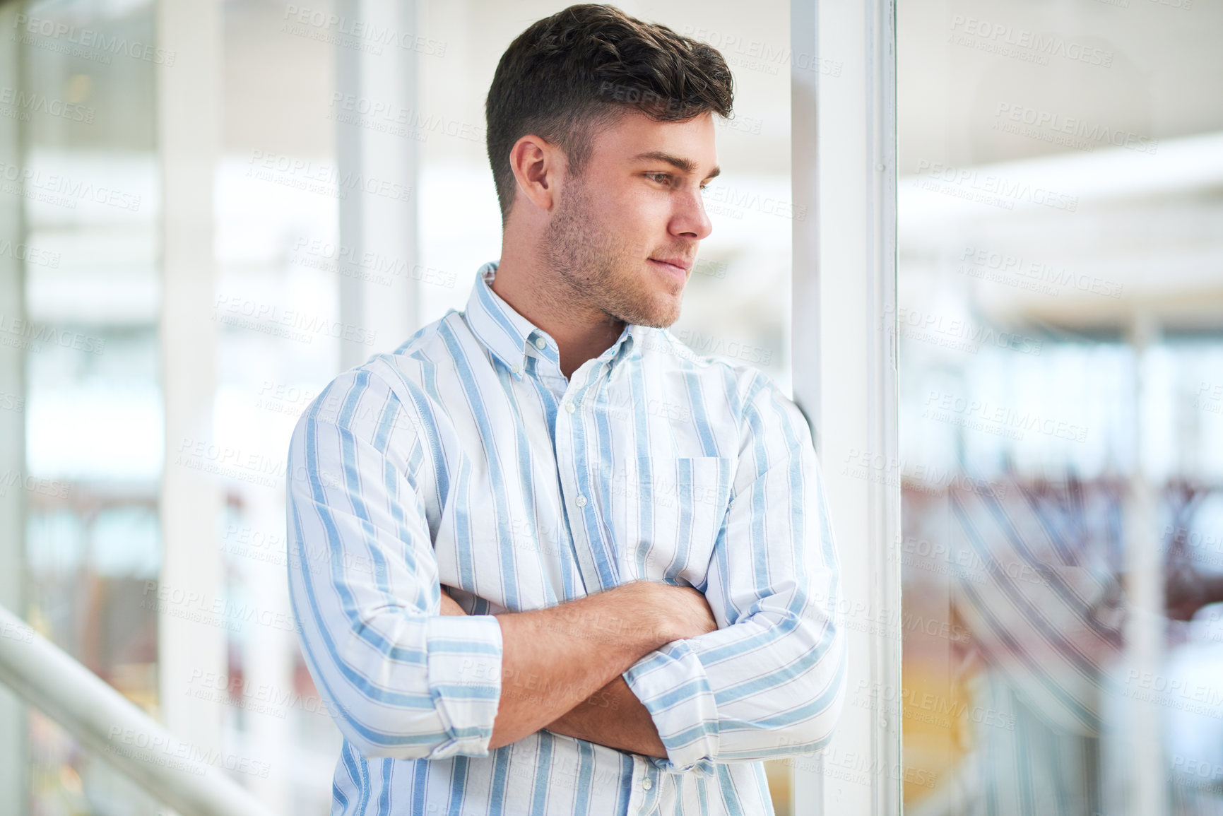 Buy stock photo Thinking, business and man with arms crossed in modern office, ideas and thoughts for startup. Person, entrepreneur and professional with pride, decision and solution with choice and problem solving