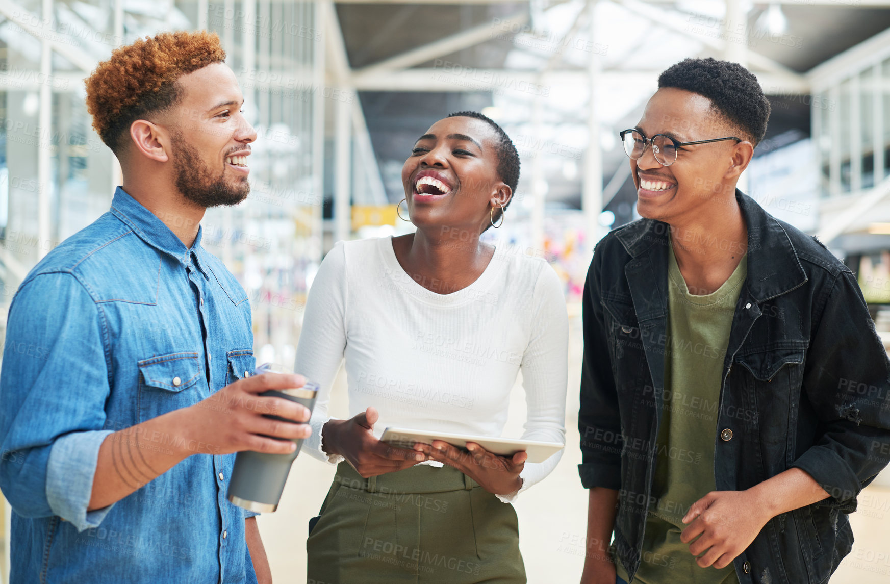 Buy stock photo Business people, teamwork or laughing with tablet in office for social media meme, corporate joke or talking. professional, collaboration or happy with digital tech at workplace for funny lunch break