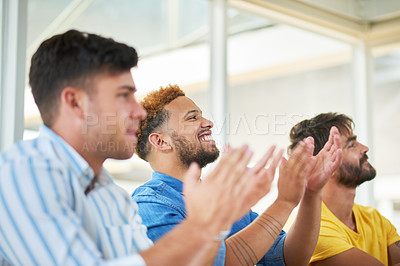 Buy stock photo Business people, creative group and applause in office for success, staff promotion and winning award. Designer team, male employees and clapping for target achievement, cheering and congratulations