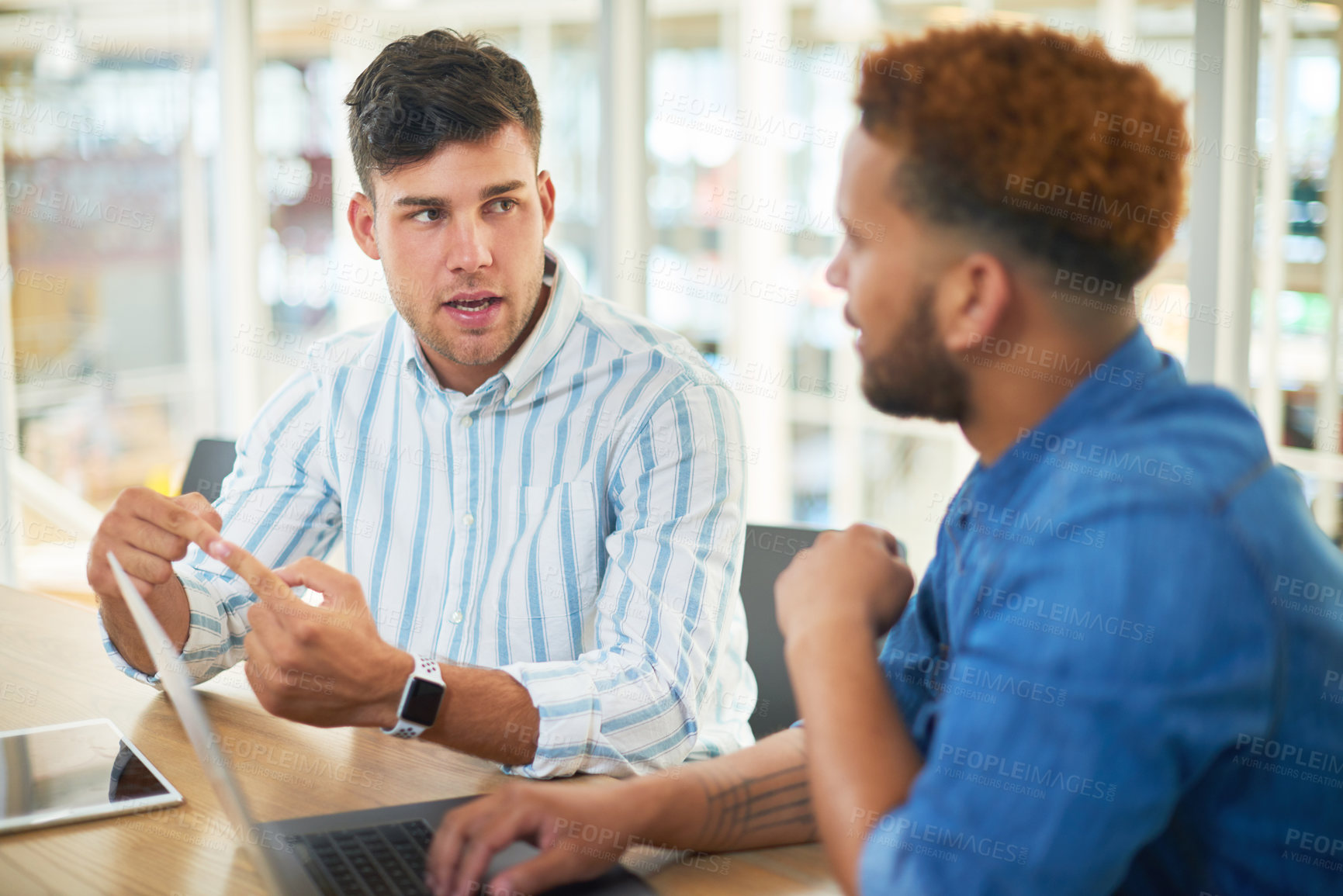 Buy stock photo Laptop, talk and team of business men planning, problem solving and brainstorming ideas. Creative, diversity and workers in discussion for project, solution and article with copywriter in startup