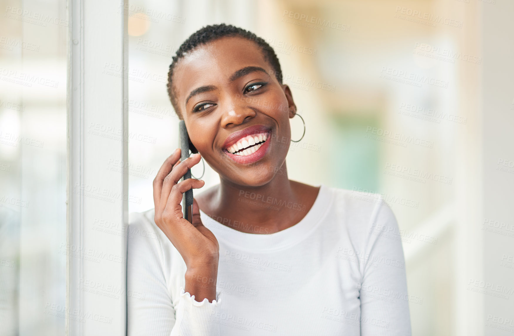 Buy stock photo Business, woman and happy with phone call in office with communication, discussion and corporate deal. African, employee and mobile chat at workplace for networking contact, conversation and talking