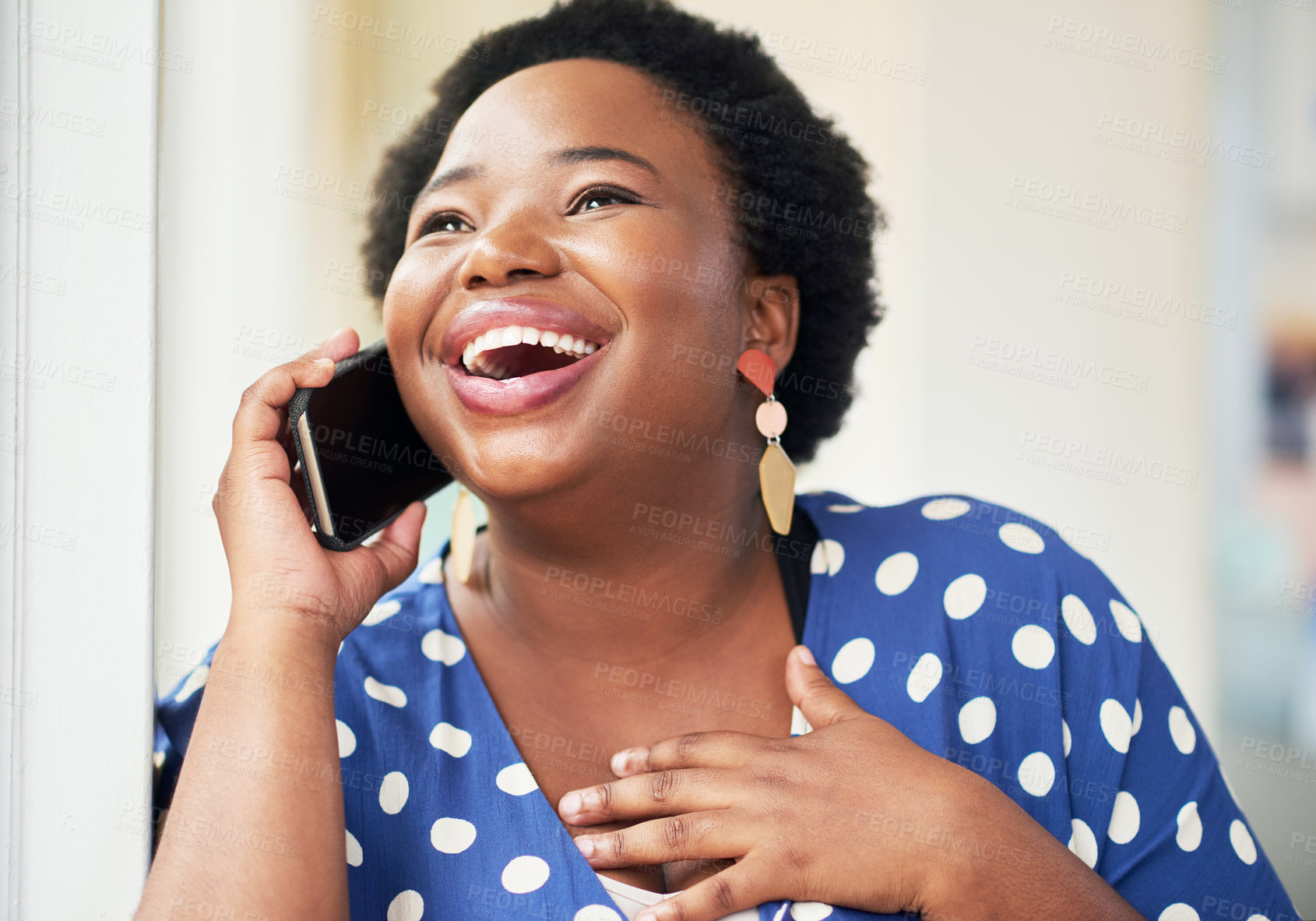 Buy stock photo Business, black woman and laughing with phone call in office with communication, funny discussion and joke. Happy, employee and mobile chat at work for networking contact, conversation and talking
