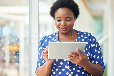 Buy stock photo Tablet, thinking and African business woman for social media, research and online in office for internet planning. Idea, searching and smiling employee browsing designer website or app on technology