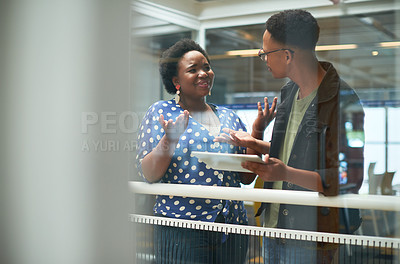 Buy stock photo Tablet, discussion and team of black people brainstorming ideas, problem solving and question. Collaboration, technology or happy creative workers with project solution for news journalist in startup