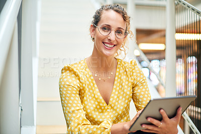 Buy stock photo Tablet, portrait and business woman with stairs, social media content project and online in office for internet. Idea, searching and creative employee browsing website or mobile app on technology