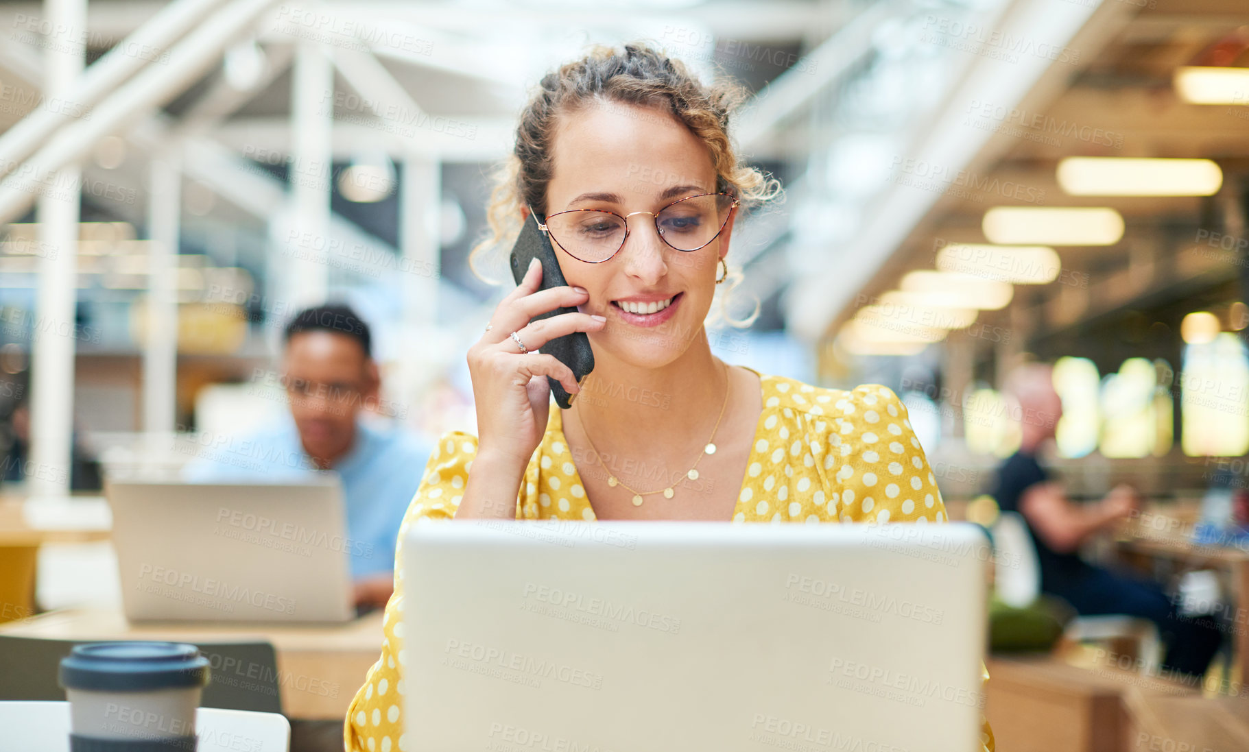 Buy stock photo Business woman, talking and phone call at desk with laptop for proposal, conversation or client feedback. Contact, media agency and employee in office for discussion, speaking or schedule meeting