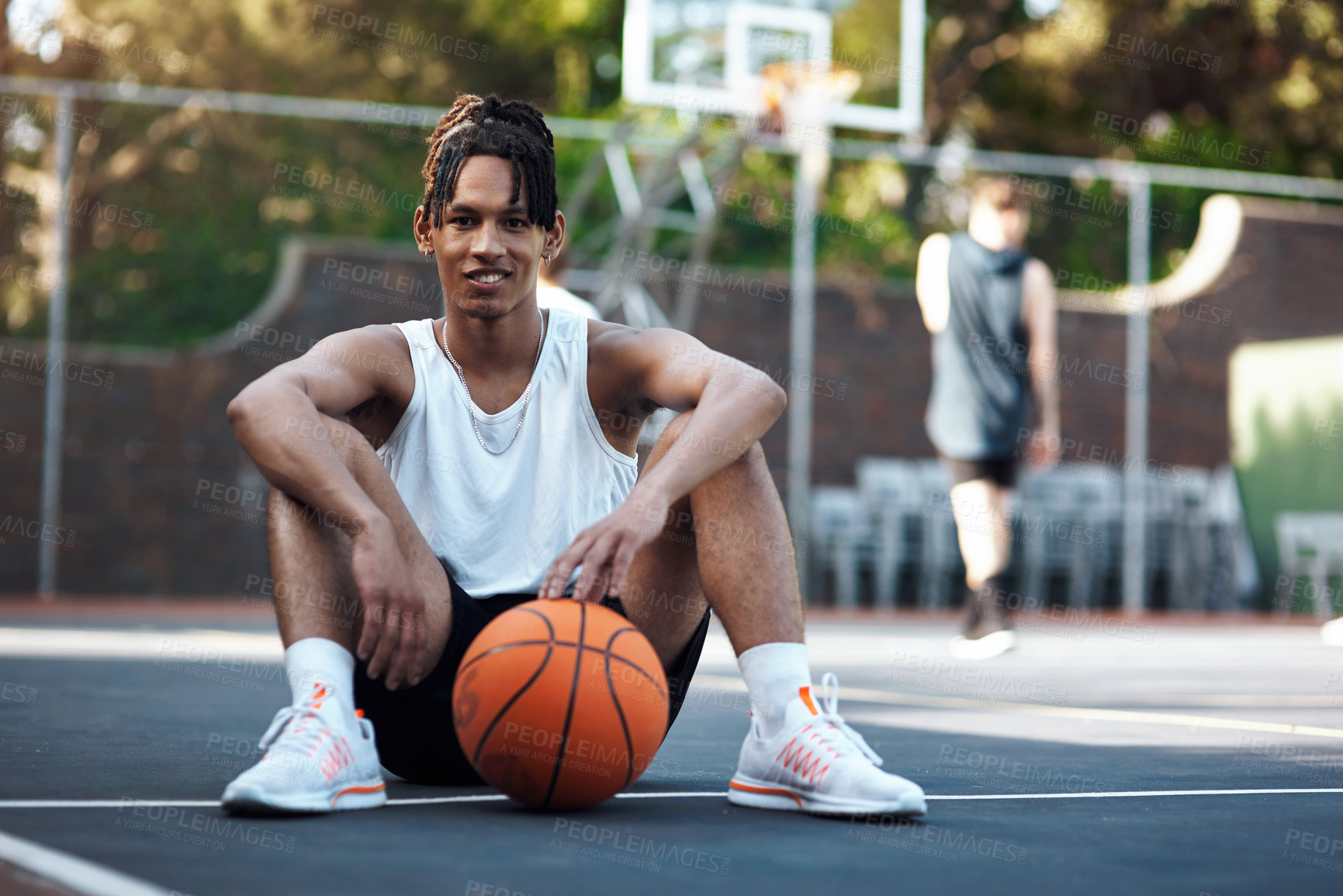 Buy stock photo Confidence, ball or man on basketball court with portrait, fitness hobby or practice in weekend game. Smile, cardio or player outdoor with roundball, hoop sport and training session with competition.