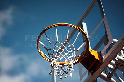 Buy stock photo Closeup shot of a basketball hoop on a sports court