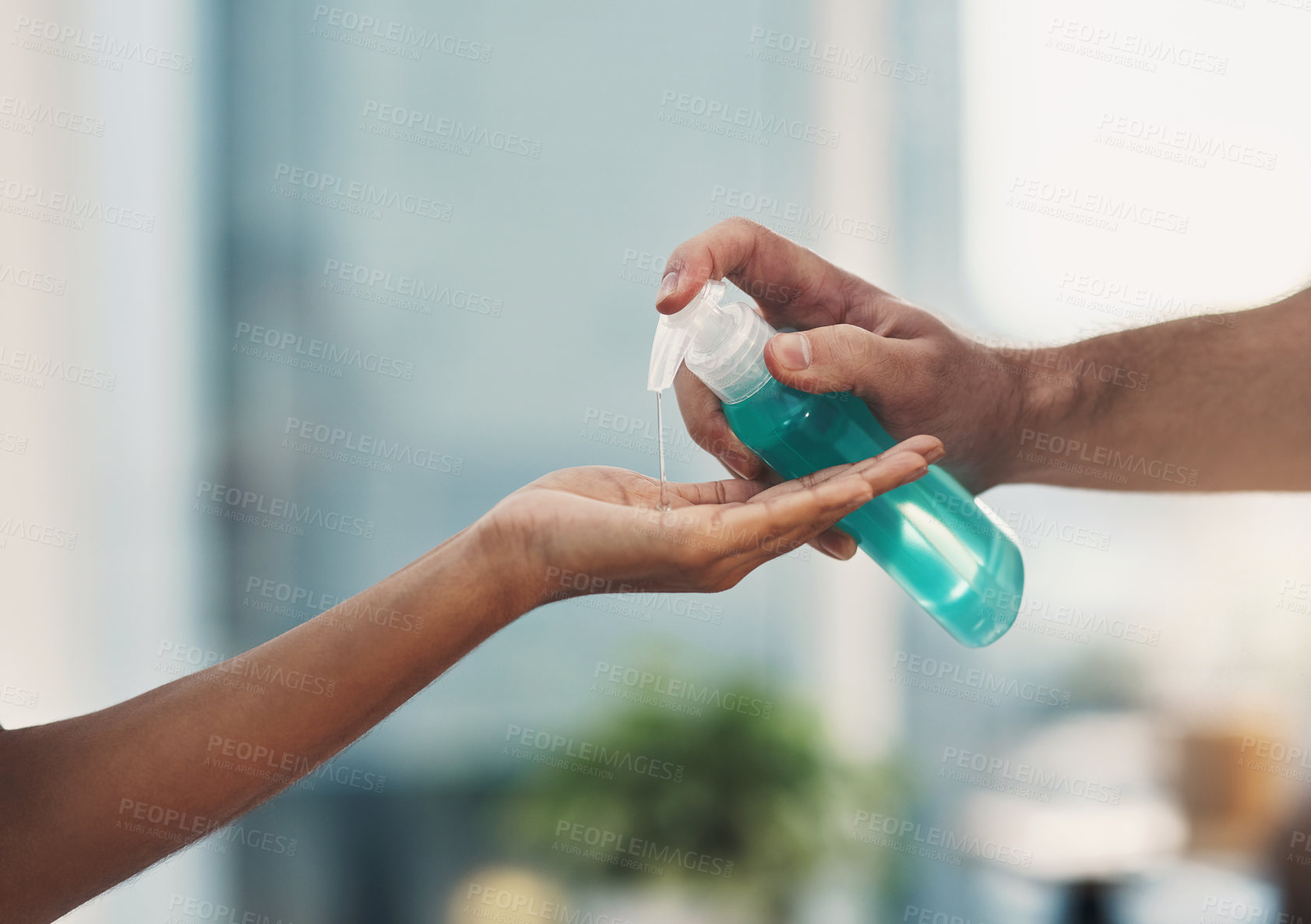 Buy stock photo People, hands and sanitizer with disinfection for hygiene, cleaning gel or health and safety at home. Closeup, alcohol or liquid soap with protection for handwash, bacteria or germ removal at house