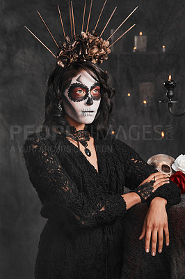Buy stock photo Cropped shot of an attractive young woman dressed in her Mexican-style halloween costume