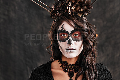 Buy stock photo Cropped portrait of an attractive young woman dressed in her Mexican-style halloween costume