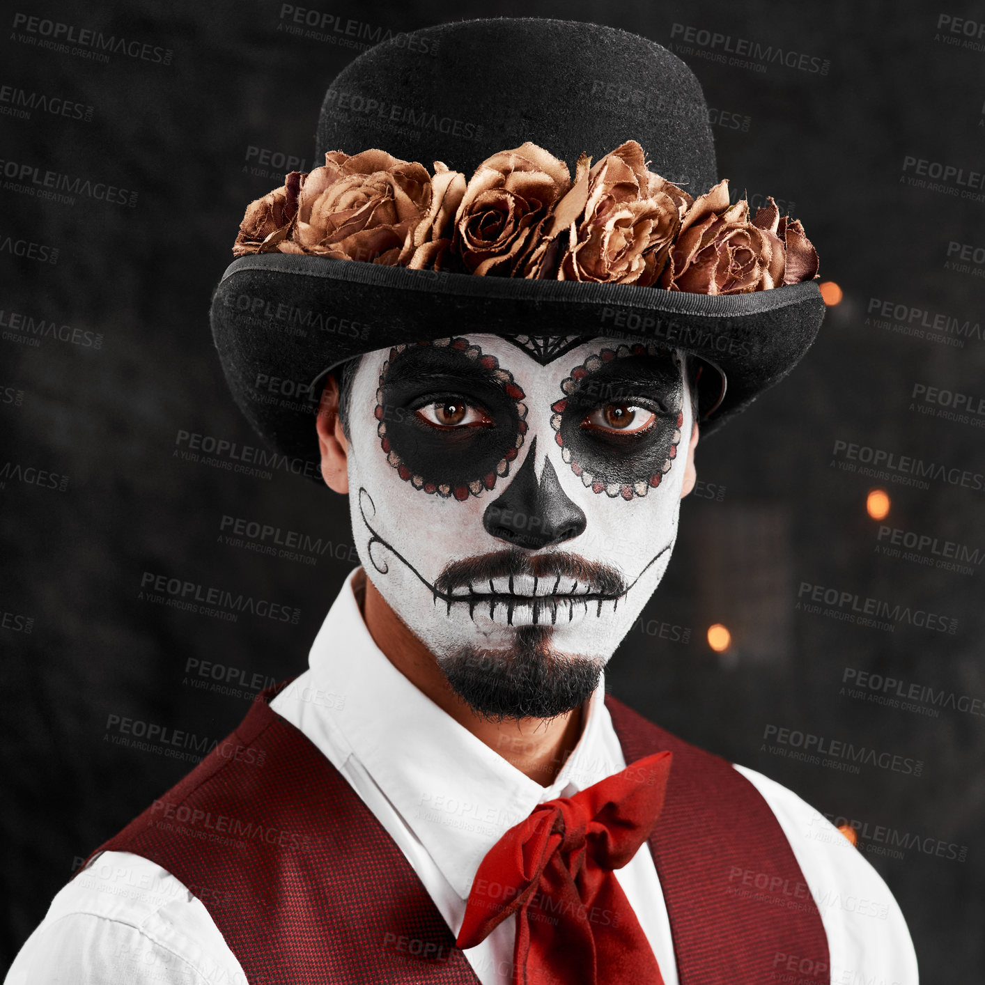 Buy stock photo Cropped portrait of a handsome young man dressed in his Mexican-style halloween costume