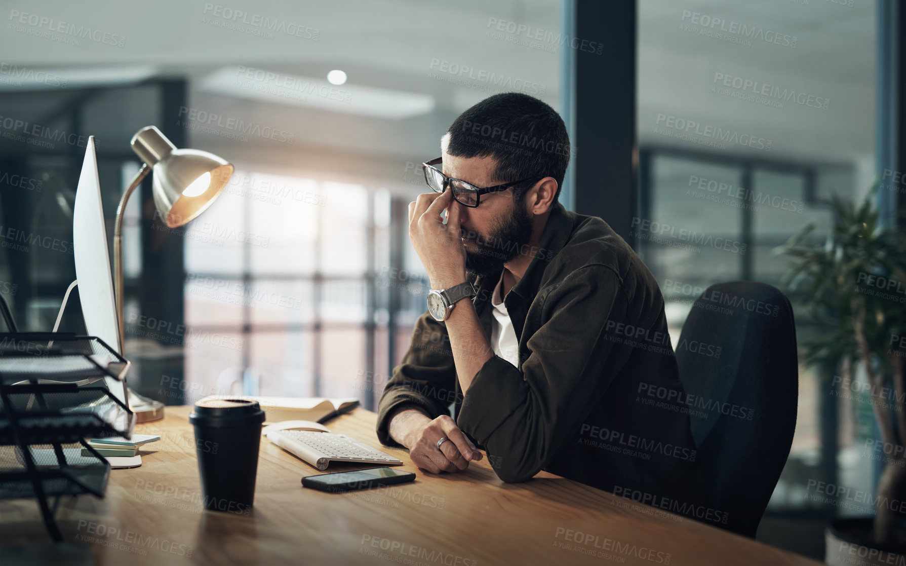 Buy stock photo Burnout, computer and web design with man in office for website coding or programming deadline with eye strain. Night, headache and stress with tired programmer in creative workplace for overtime
