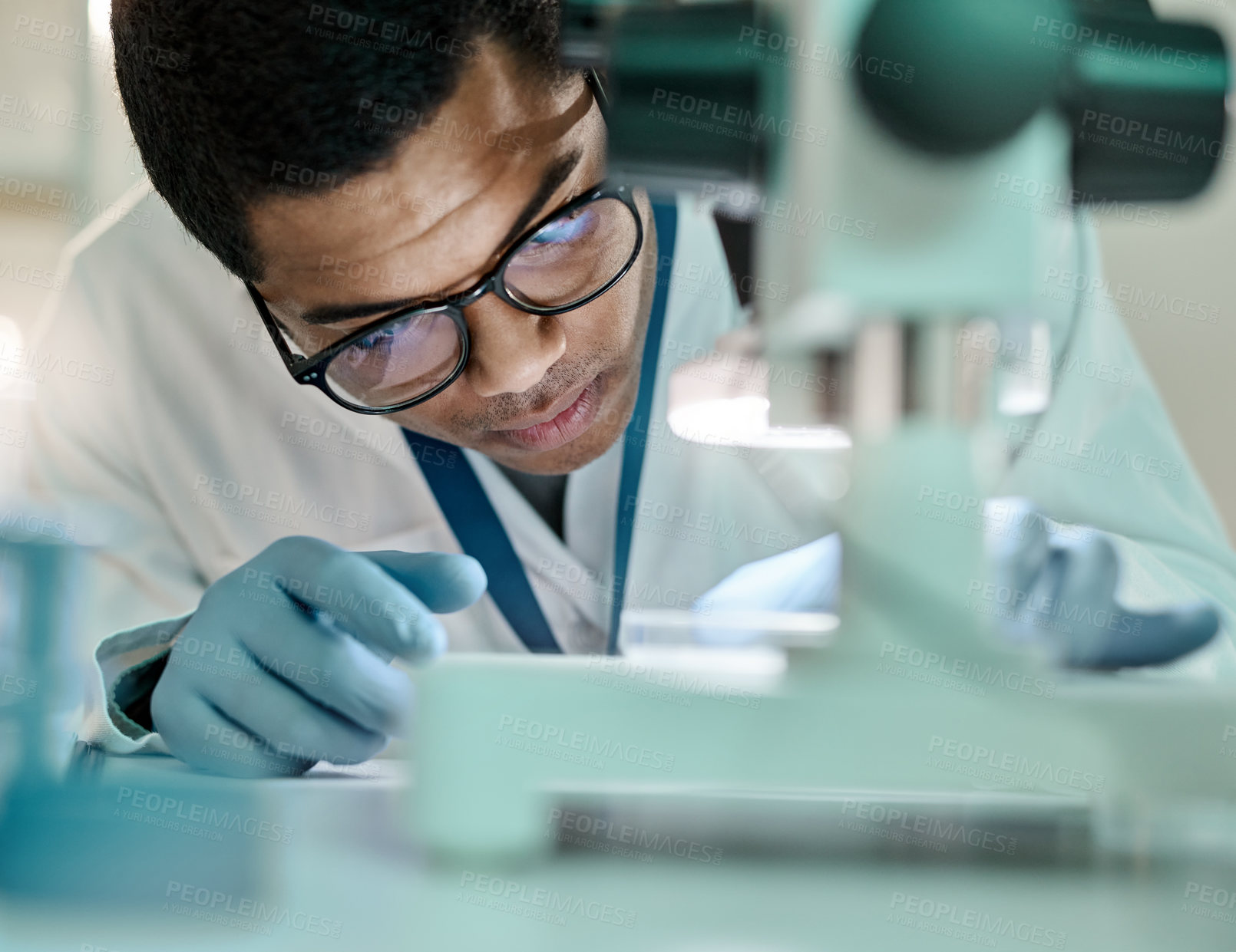 Buy stock photo Shot of a young scientist using a microscope in a lab