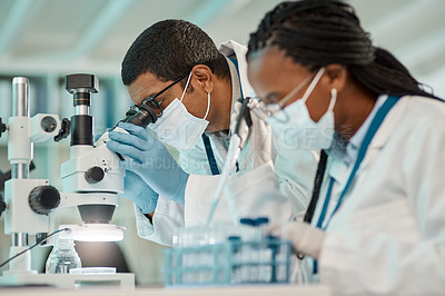 Buy stock photo Covid, science and teamwork with people in a laboratory for research, innovation or vaccine development. Healthcare, medicine or microscope with a doctor and medical engineer working in collaboration