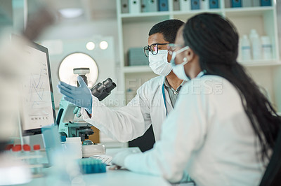 Buy stock photo Medical research, scientists working together and planning with computer in a laboratory. Collaboration or teamwork, analysis and professional doctors or researchers discussing data in a lab at work