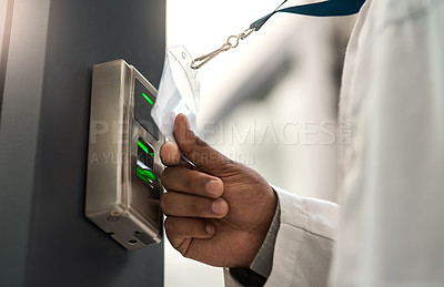Buy stock photo Closeup shot of an unrecognisable scientist using an access card to gain entry at a door