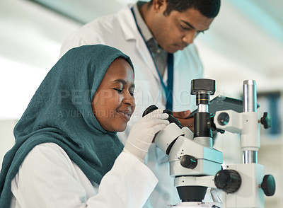 Buy stock photo Shot of a young scientist using a microscope while working alongside a colleague in a lab