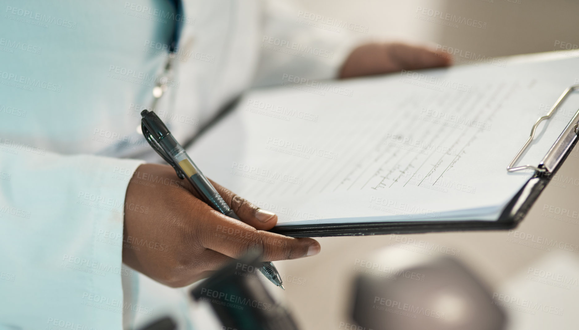 Buy stock photo Closeup shot of an unrecognisable scientist holding a clipboard in a lab