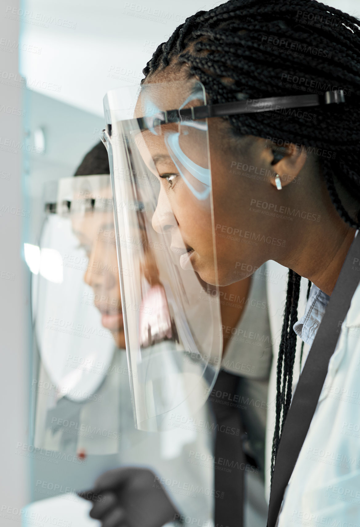 Buy stock photo Scientist, staff and research checklist in lab with face mask on experiment for vaccine with disease control. Teamwork, people and dna sample for hospital work with testing and incubator data