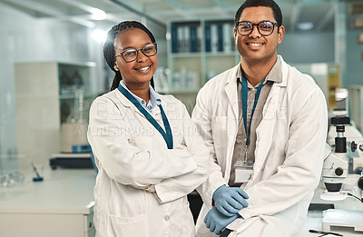 Buy stock photo Portrait of two scientists in a lab