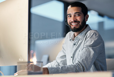 Buy stock photo Call center, happy man and portrait at computer for customer service, telemarketing sales and CRM consulting at night. Male agent, desktop pc and smile for communication, advice and technical support