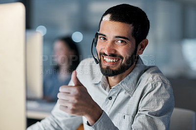 Buy stock photo Call center, portrait and man with thumbs up for customer service, sales target and CRM success in office. Happy consultant, thumb and yes emoji of winning support, excellence and good telecom advice