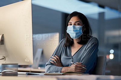 Buy stock photo Call center, portrait and woman with mask at computer in office for customer service, consulting and CRM support at night. Female agent, consultant and virus protection for telemarketing at help desk
