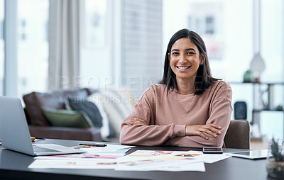 Buy stock photo Portrait of a confident young woman working from home