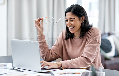 Buy stock photo Laptop, smile and remote work of woman or designer in home working on internet project. Computer, graphic design and happy female person, freelancer and typing email for business research