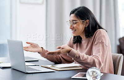 Buy stock photo Laptop, video call surprise and remote work of woman in home talking, discussion or communication. Computer, virtual chat and happy female person, freelancer and professional in online conversation.