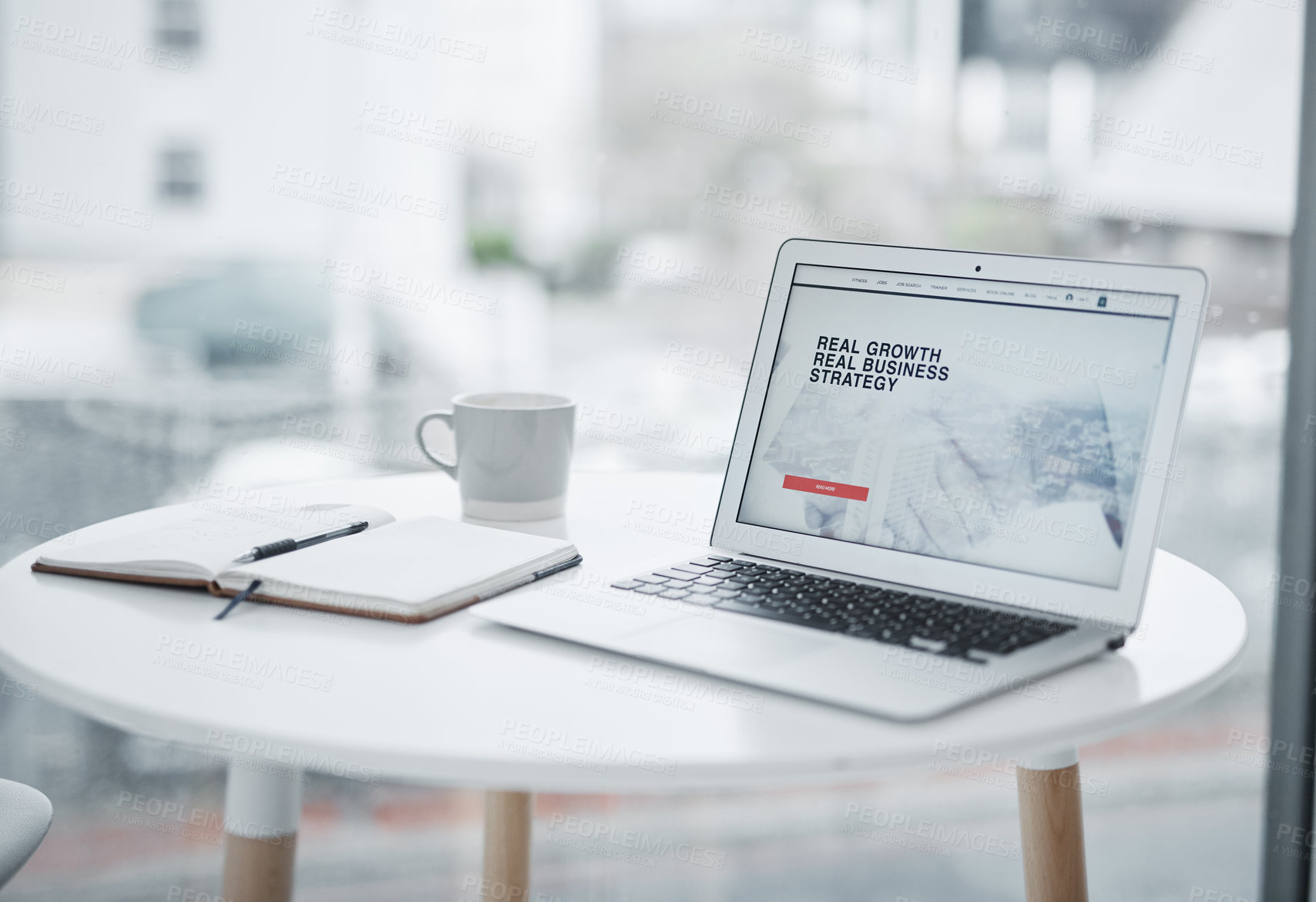 Buy stock photo Shot of a laptop displaying a business related website on a table at home