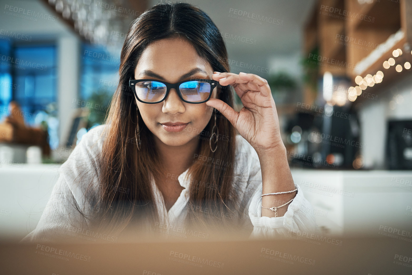 Buy stock photo Business, laptop and woman in cafe, glasses and research for web design, clear vision and startup. Happy person, freelancer and entrepreneur with computer, eyewear and online reading in coffee shop