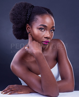 Buy stock photo Black woman, skincare and makeup in studio with serious face for confidence and cosmetics. Portrait of model with beauty, dermatology and foundation for cosmetology and hair style on dark background