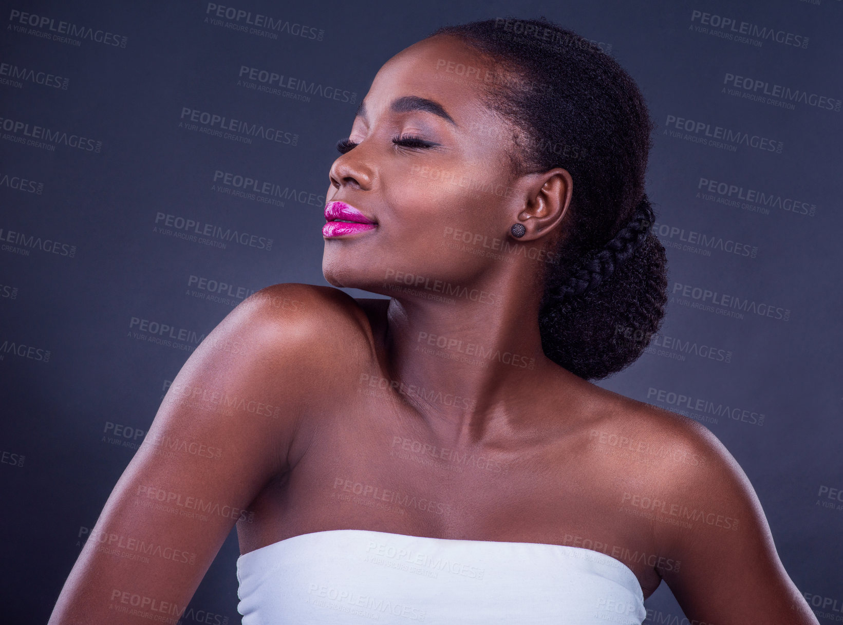 Buy stock photo Black woman, proud or profile for beauty, skincare, natural makeup or healthy shine isolated in studio. Dermatology, relax and calm African model with glow, lipstick or results on dark background
