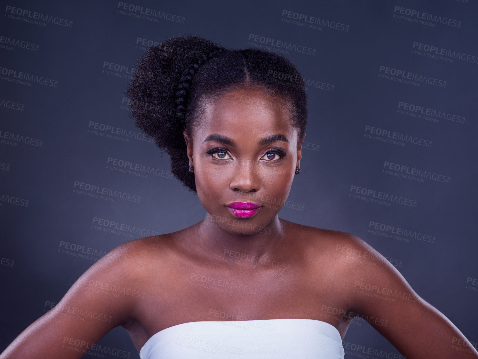 Buy stock photo Black woman, makeup or portrait for beauty, skincare, natural makeup and healthy shine isolated in studio. Face, girl and confident African model with glow, lipstick or results on dark background