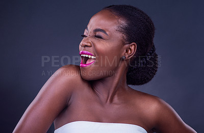 Buy stock photo Black woman, wink or smile for beauty, skincare, makeup or healthy shine isolated in studio for cosmetics. Dermatology, funny face or goofy African model with glow, pride or result on dark background