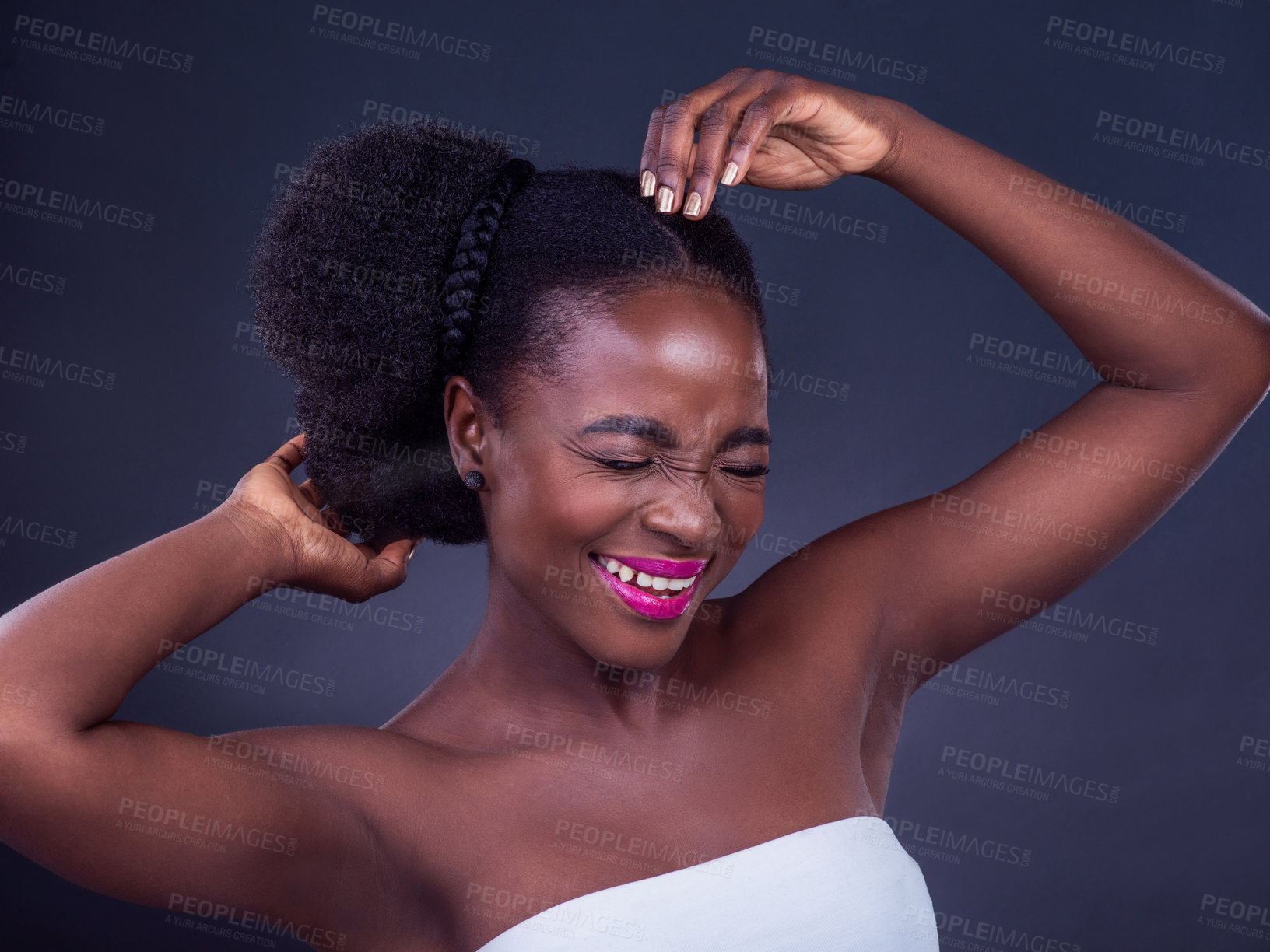 Buy stock photo Black woman, laughing or smile for beauty, skincare or makeup for healthy shine isolated in studio. Happy girl, funny face or goofy African model with glow, lipstick or results on dark background