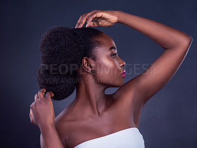 Buy stock photo Black woman, shine or profile for beauty, skincare, natural makeup or healthy glow isolated in studio. Dermatology, hairstyle and African model with cosmetics, pride or results on dark background