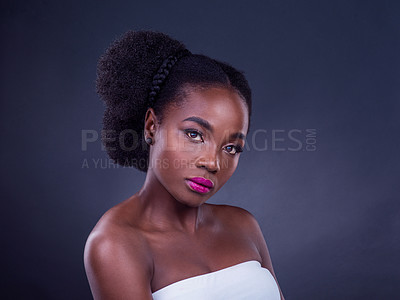Buy stock photo Black woman, serious or portrait for beauty, skincare, natural cosmetics and healthy shine isolated in studio. Face, girl or confident African model with glow, makeup or results on dark background