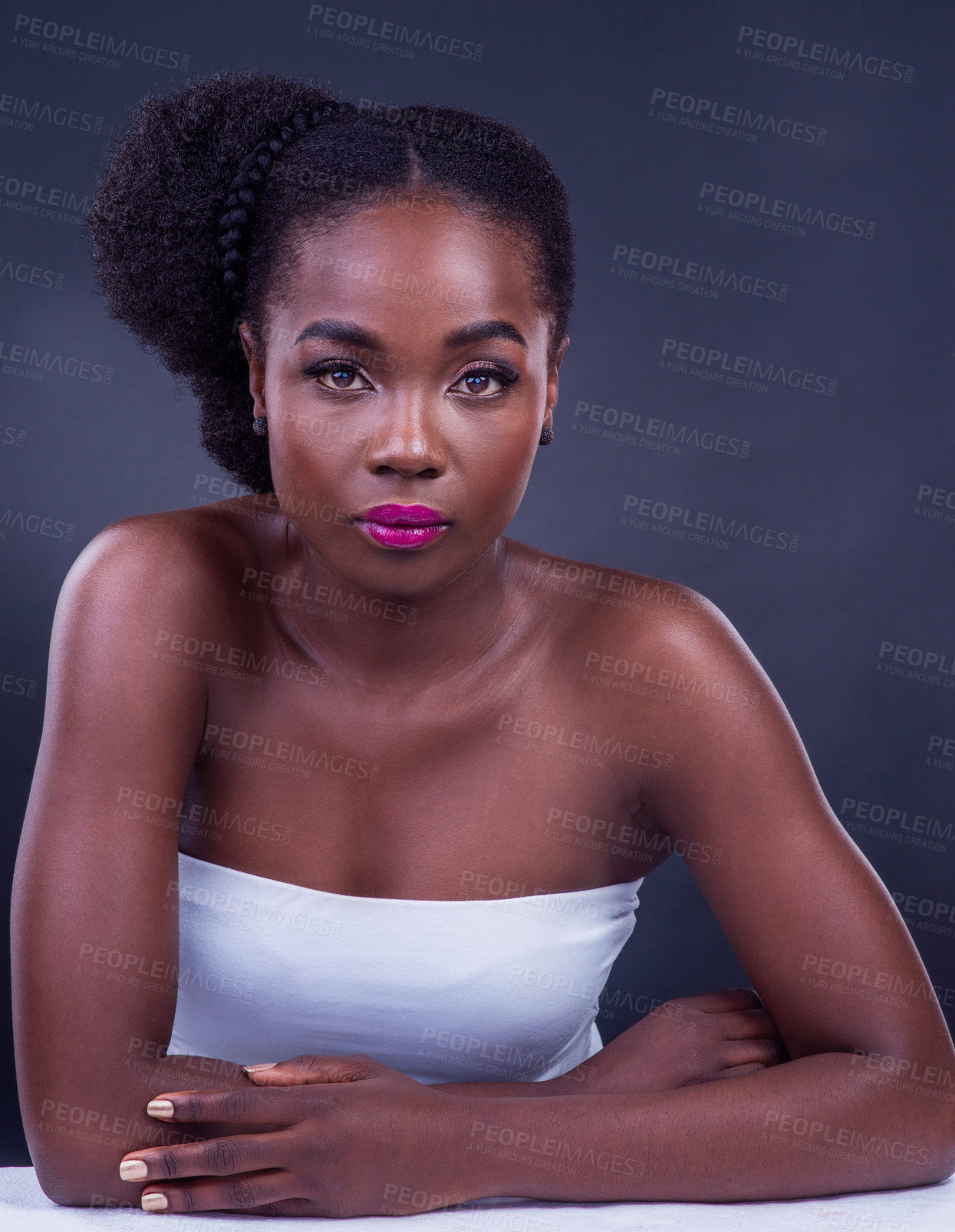Buy stock photo Black woman, pride or portrait for beauty, skincare, natural cosmetics and healthy shine isolated in studio. Face, girl or confident African model with glow, makeup or results on dark background 