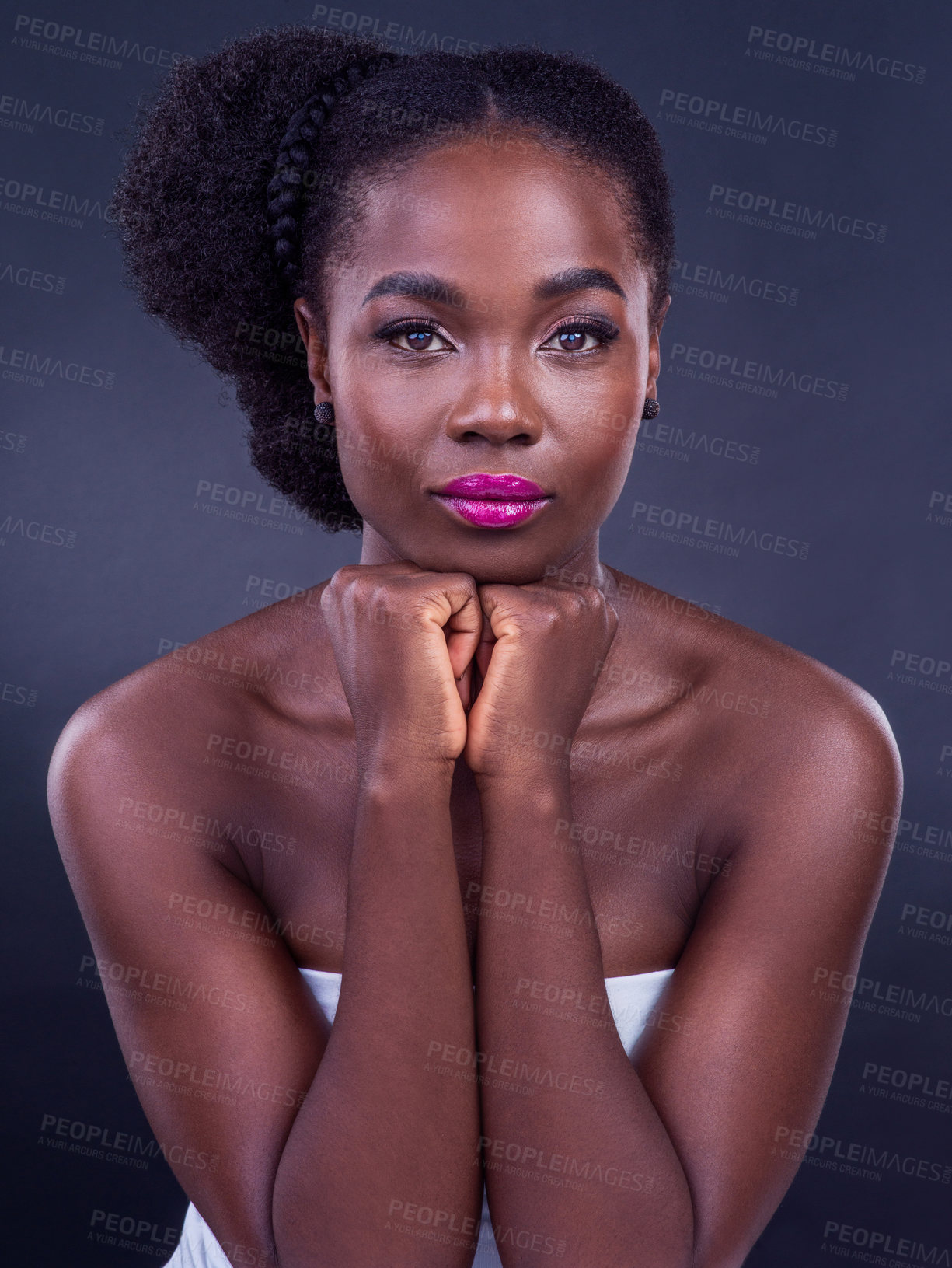 Buy stock photo Black woman, confident or portrait for beauty, skincare, natural cosmetics and healthy shine isolated in studio. Face, girl or proud African model with glow, makeup or results on dark background 