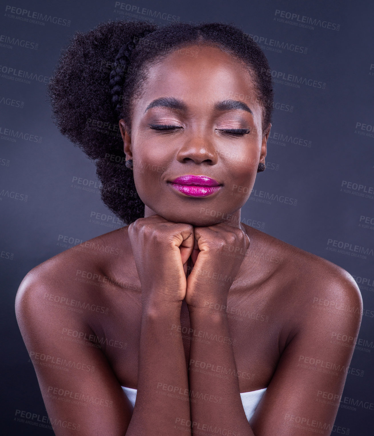 Buy stock photo Calm black woman, makeup or face for beauty, skincare, natural cosmetics or healthy shine isolated in studio. Eyes closed, girl or proud African model with glow, smile or results on dark background 